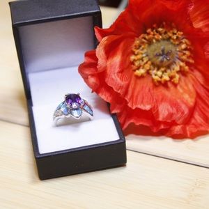 💦 Blue Opal Purple Amethis CZ 925 Siver Ring 💦